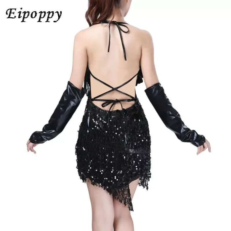 여성용 레이스 라틴 댄스 의상, 섹시한 스팽글 슬링 홀터, 라틴 댄스 원피스 태슬 코스튬, 미니 댄스 원피스