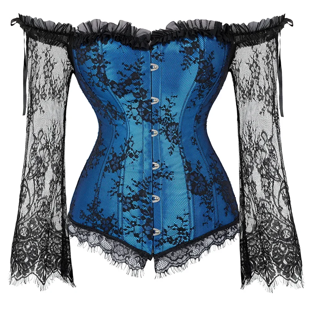 Lace Long Sleeves Waist Bustier Top Gothic Victorian Overbust Corset Vintage Basques Off Shoulder Corselet