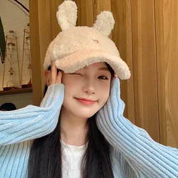 Faux Lamb Wool Alphabet Baseball Caps Korean Fashion Winter Warm Plush Ear Protection Peaked Cap Cute Rabbit Ears Women's Hats