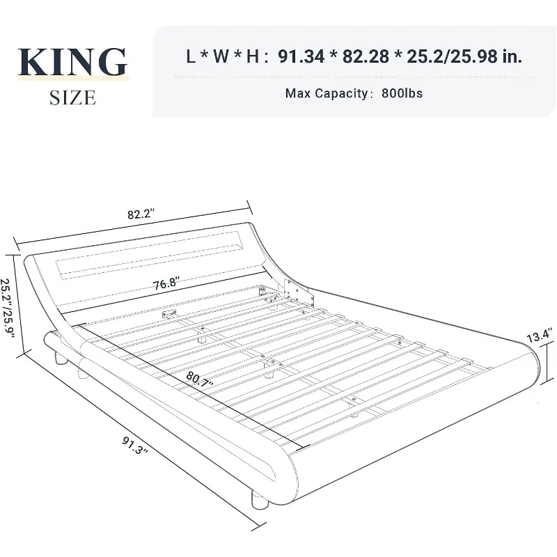 Allewie King Size LED Platform Bed Frame with Adjustable Headboard, Black | Low Profile Sleigh Design, Upholstered Faux image 3