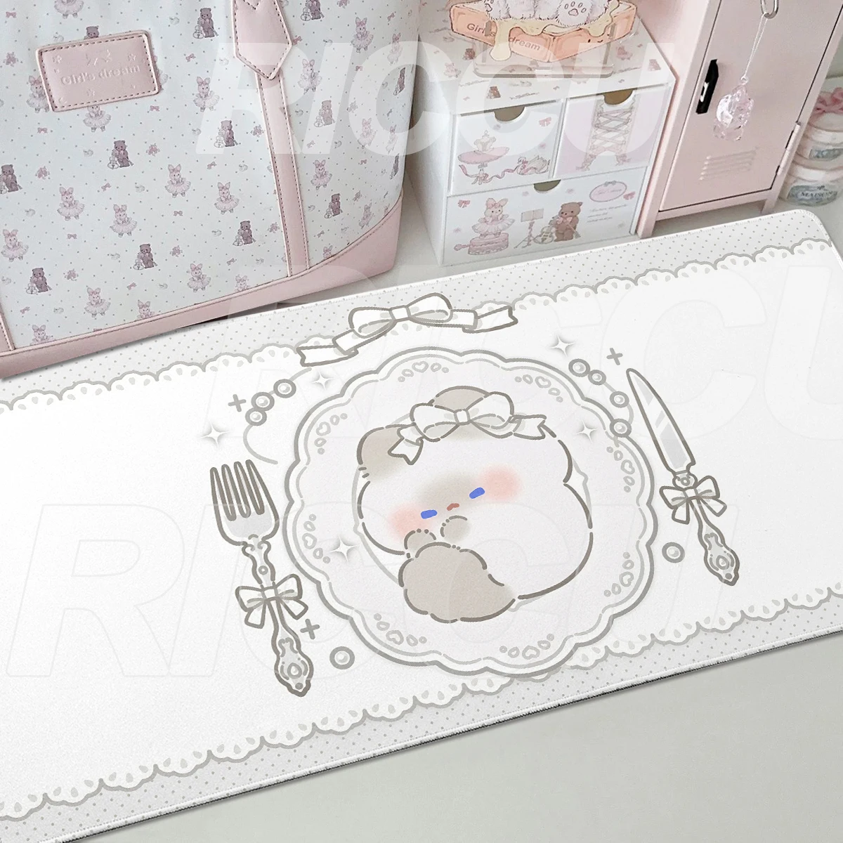 Cute Kitten Angel Siamese Cat Cartoon Mouse Pad Y2K Polka Dot Desk Mat Office Desk Accessories Gamer Keyboard Lock-Edge Mousepad