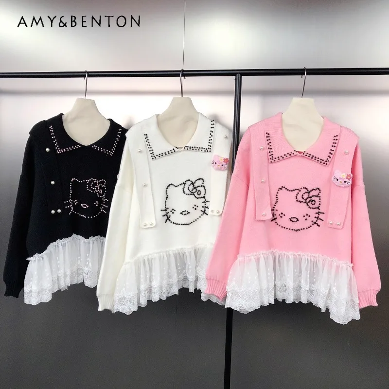 

Осень-зима, новый милый возрастной трикотаж, джемперы, мягкий кружевной лоскутный свитер для девочек, расшитый бисером, универсальный кукольный свитер Caot