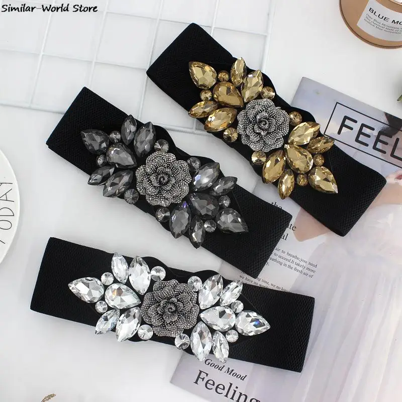 Female Rose Flower Rhinestone Elastic Waistband Women Waist Cinch Band Dress Overcoat Clothing Accessories