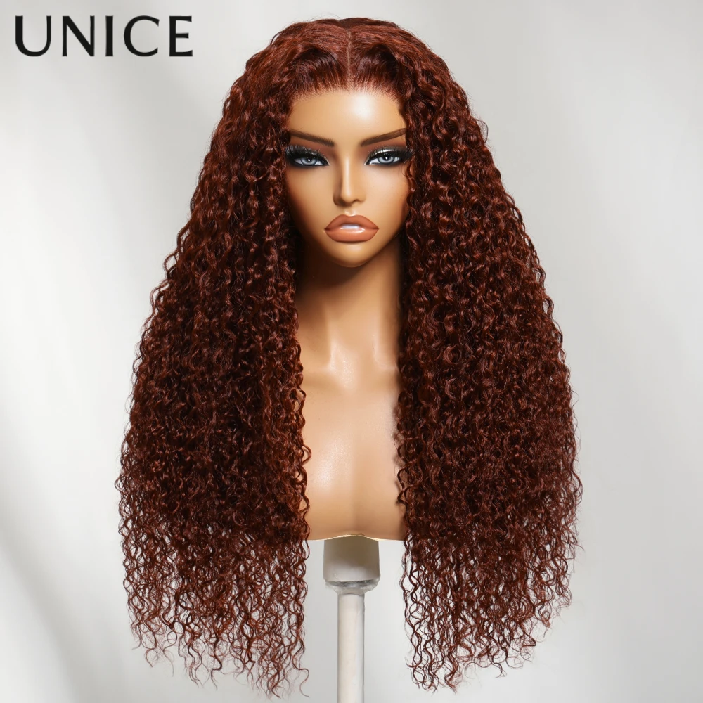 UNice 7x5 Bye-Bye Slip™ Warm Auburn Curly Human Hair Glueless Wig With Drawstring Pre Cut Pre Bleached Lace Front Wigs Ready To Wear