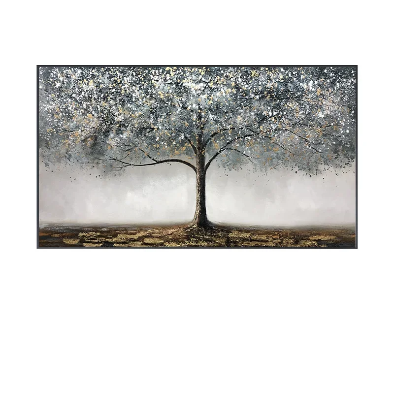 

Pure hand-painted oil living room horizontal hanging painting fortune tree light luxury gold foil decorative painting sofa large