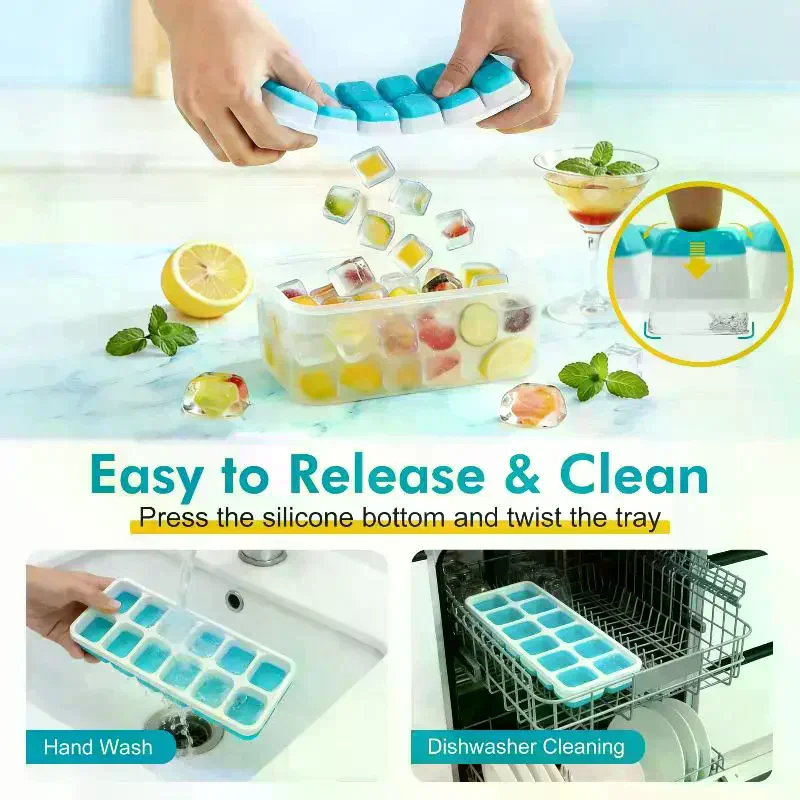 Ice Cube Trays Silicone Ice Mold With Removable Lid DIY Homemade Popsicle Mould For Cocktail Freezer Kitchen Bar Tools 14-Grid