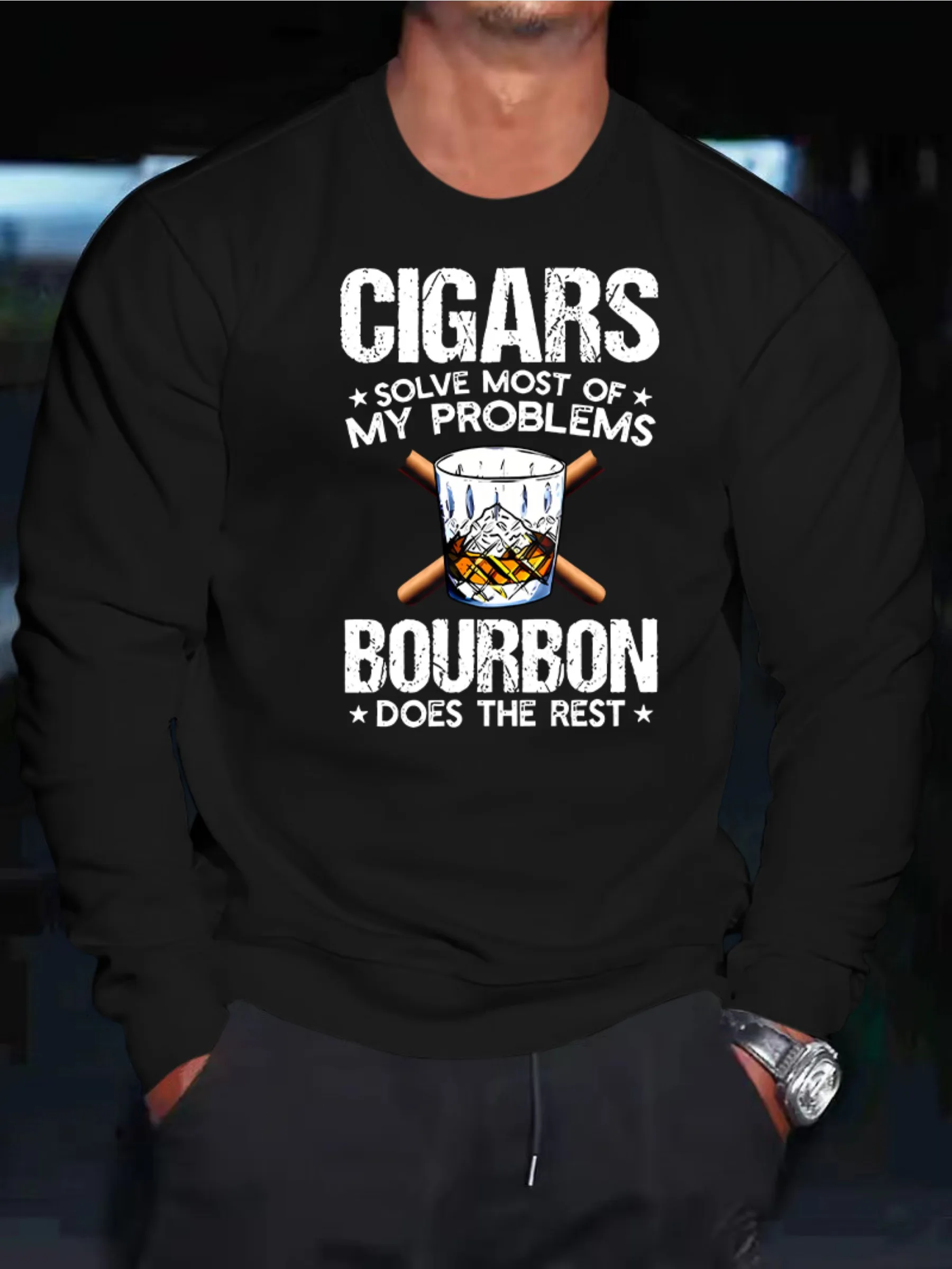 Men's Crew Neck Sweatshirt with Fashionable Casual Cigar and Whiskey Print
