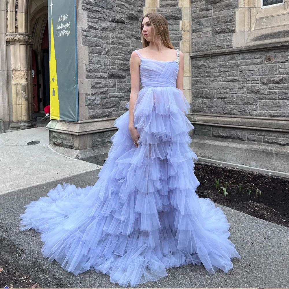 

Customized Chapel Train Prom Gown Spaghetti Strap Tiered Ruffle Tulle Floor-Length Exquisite Party Evening Dresses فساتين للحفلا