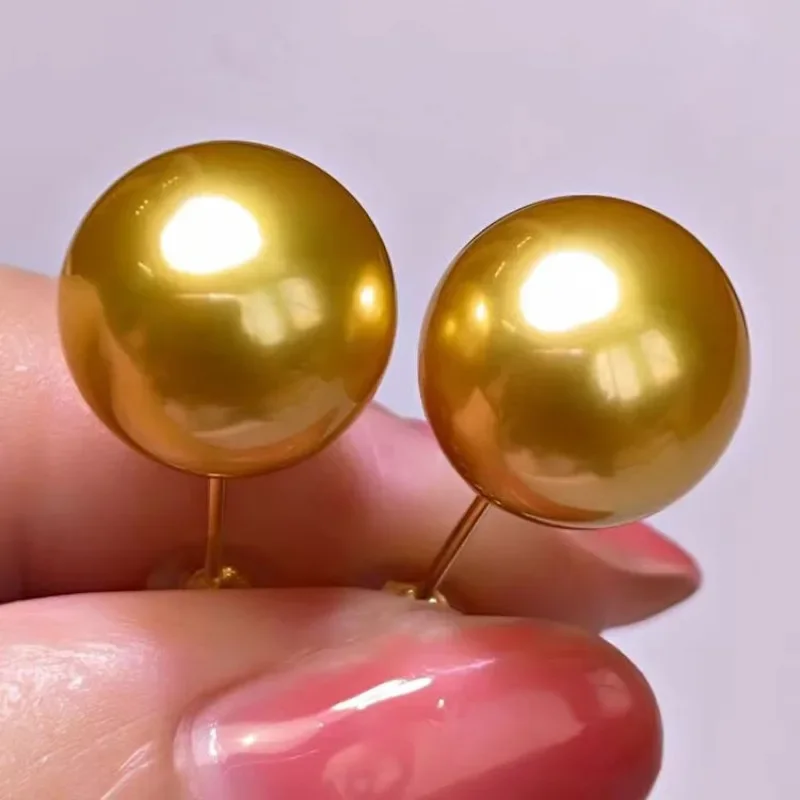 Pair of 13-14mm Gold Perfect Round Pearl Stud Earrings for Women Simple Wedding Party Free Shipping Accessories Dangle