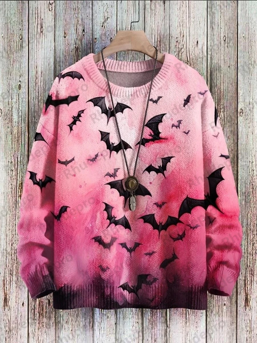 Halloween Skull Retro Art Pattern 3D Printed Men's Knitted Pullover Winter Unisex Casual Knit Pullover Sweater