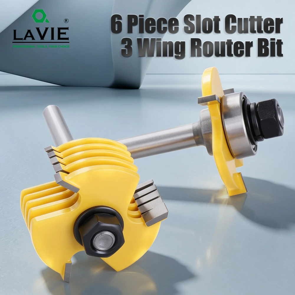 LAVIE 6 Piece T-Shape Groove Router Bit Set, Ball Bearing Guided Slot Cutter, Wood Milling Tenon Joinery Tool 8mm 12mm 1/2 Shank
