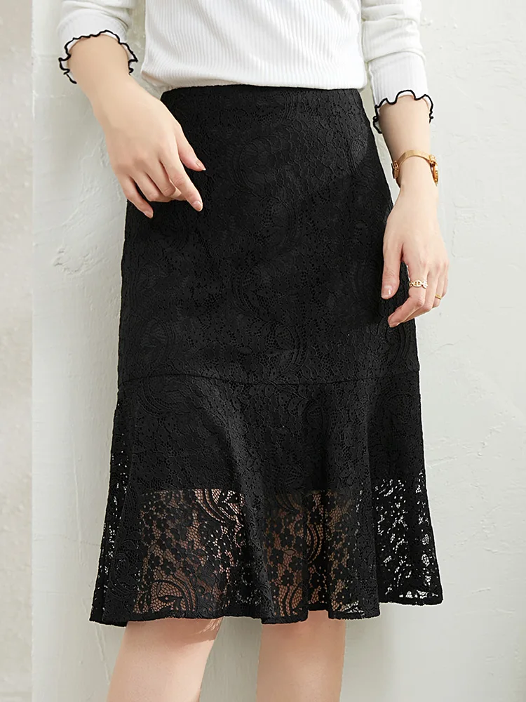 SENTUBILA Trumpet Skirt High Waist 2024 Spring Summer New Fashion Women Clothing Knee-Length Lace Sexy Black Skirt 121Q39904