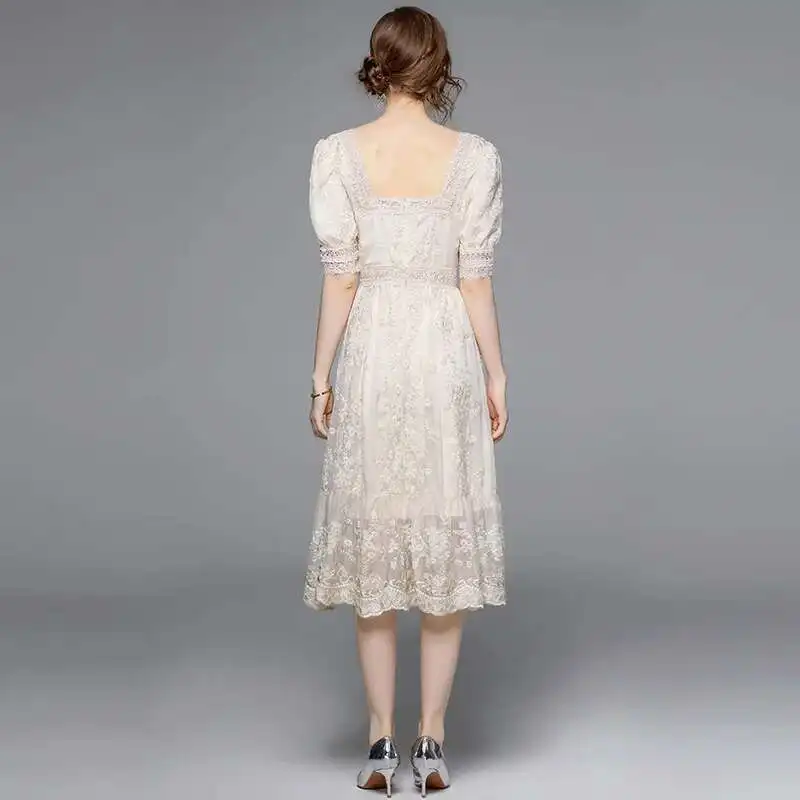 فساتين حفلات موسيقية دانتيل أبيض مطرزة بالزهور للنساء ، أكمام قصيرة ، فستان طويل متوسط الطول جميل ، موضة نسائية ، صيف ، طراز جديد ،