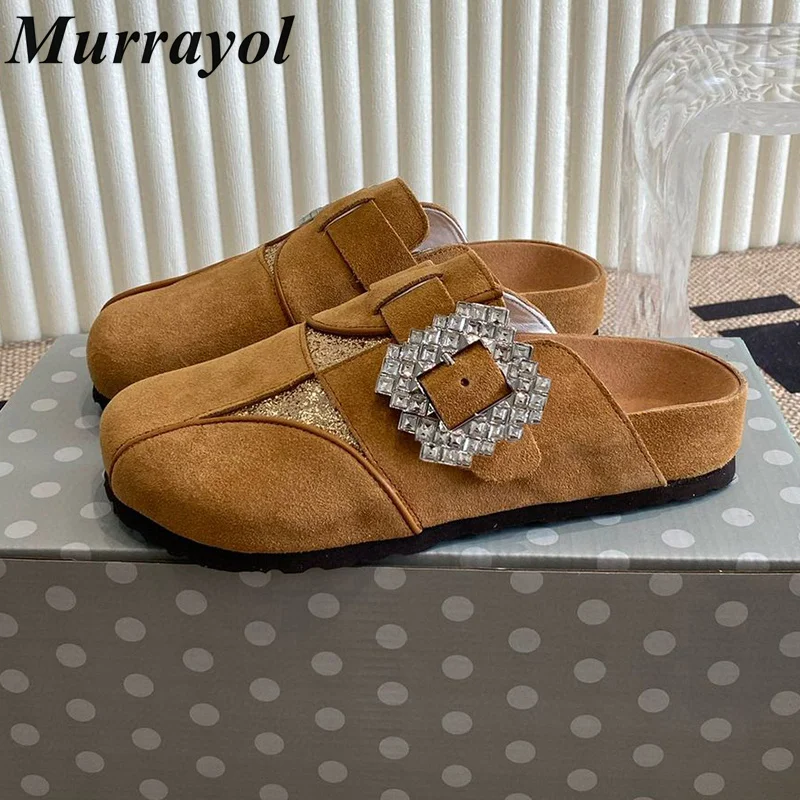 

Cow Suede Rhinestone Belt Buckle Design Mules Women's Split Toe Solid Color Thick Bottom Slippers Spring Outdoor Vacation Shoes