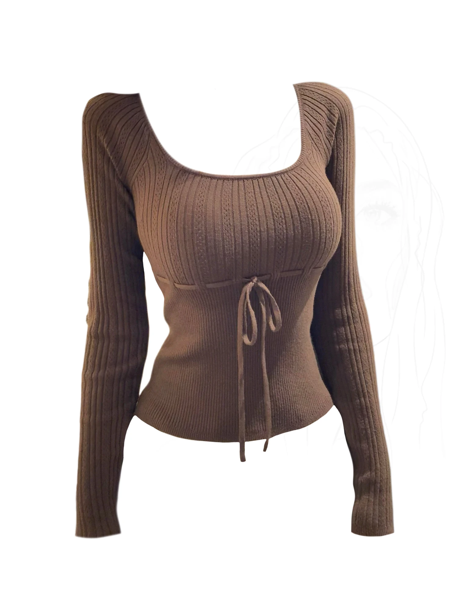 

Women's Brown Y2k Knit T-shirt Vintage Aesthetic Harajuku Gyaru Square Collar Tee Top Long Sleeve T-shirts 2000s Clothes Autumn