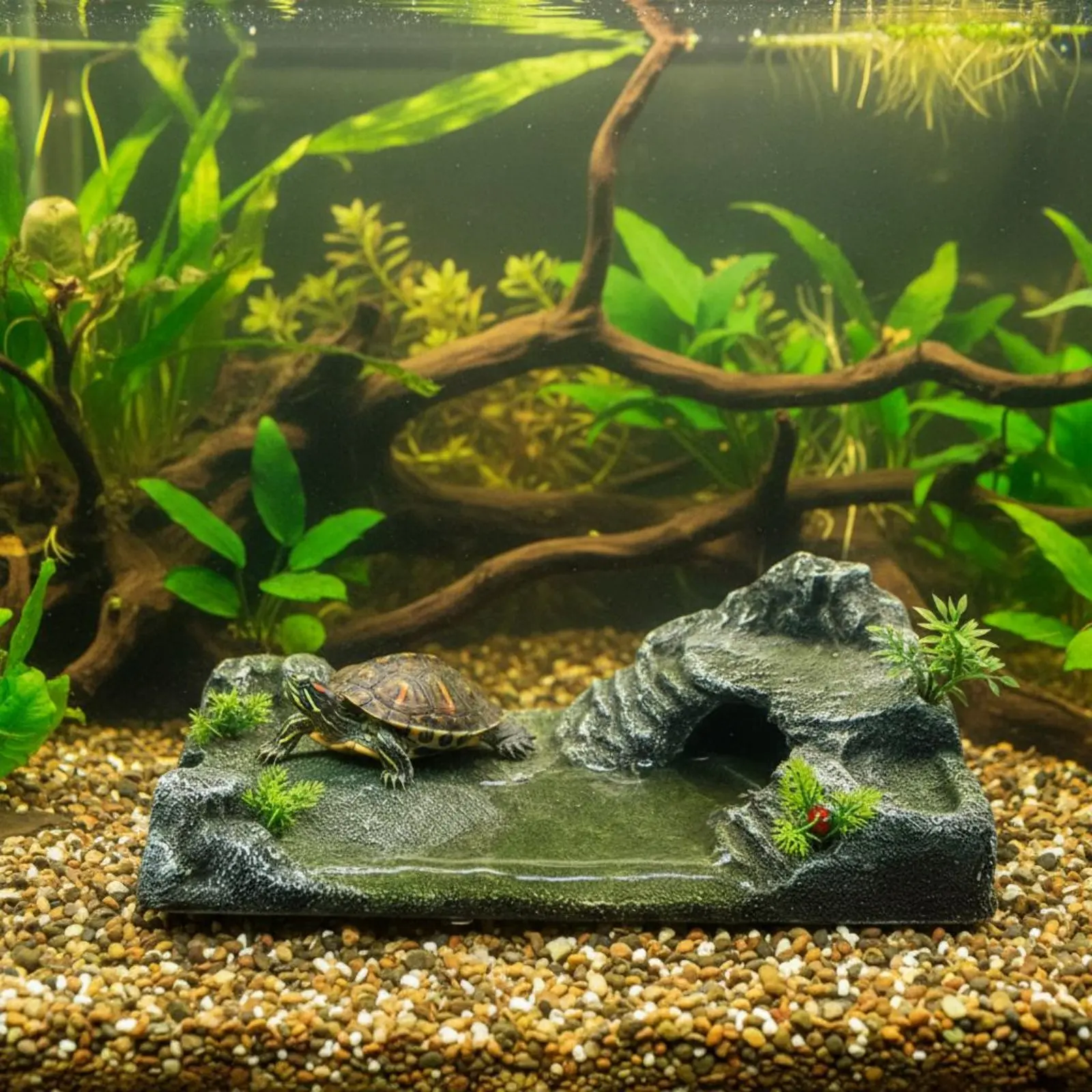Turtle Basking Rock with Cave Suction Holder Mount Amphibian Climbing Ramp Aquatic Enclosure Accessory Built-in Feeding Trough