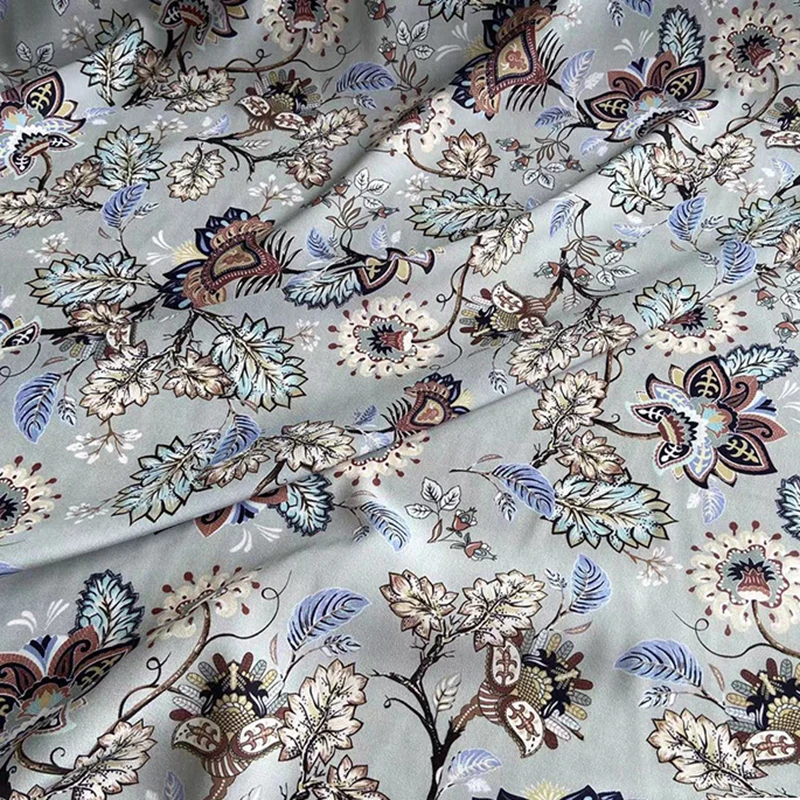 114CM Wide 16MM Floral Printed Grey Silk Crepe de Chine Fabric for DIY Sewing Summer Comfortable Dress Pants Pajamas C001-48