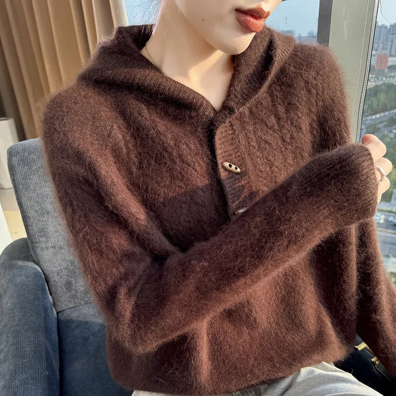 100% المنك النقي الكشمير محبوك معطف بقلنسوة المرأة مقنعين طوق فضفاض البلوز موضة تويست بأكمام طويلة هوديي معطف سميك