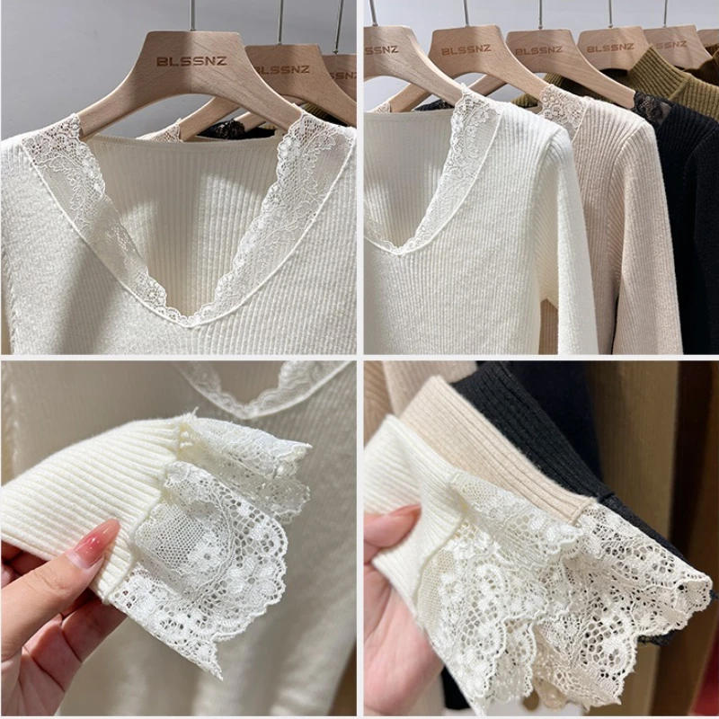 Maglione da donna autunno inverno pullover a maniche lunghe in pizzo con scollo a V maglione lavorato a maglia sottile Nozioni di base della moda coreana Slim Retro Pull Femme