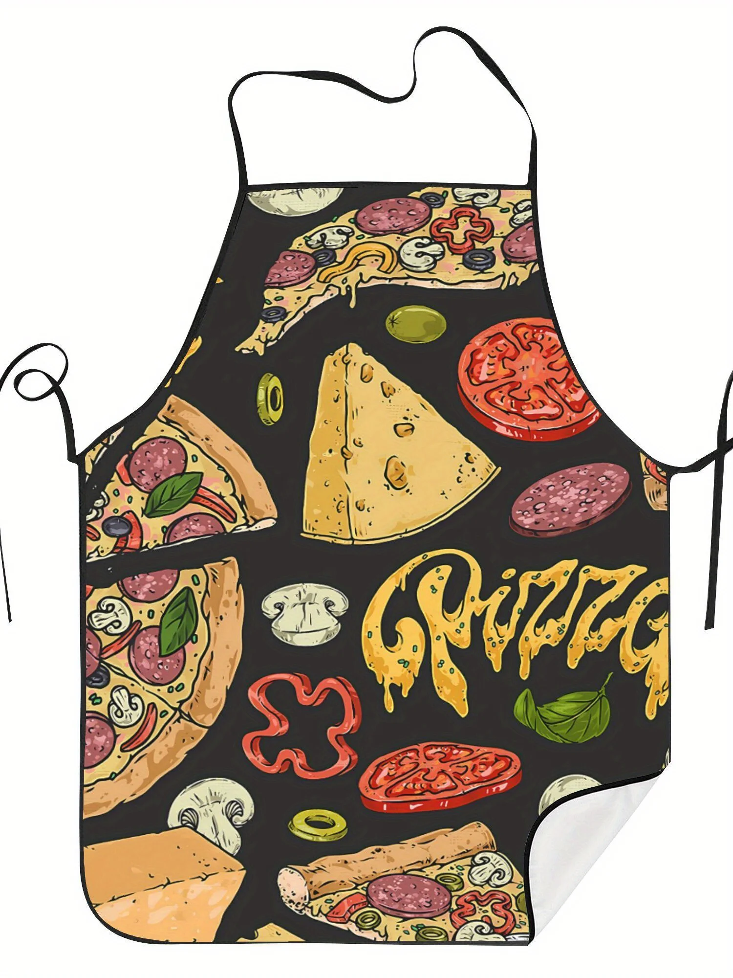 

1 шт. фартук для взрослых "izzzz Pizza" в винтажном стиле — полиэстер, черный с красочным принтом пиццы и гастрономов, идеально подходит для домашней кулинарии