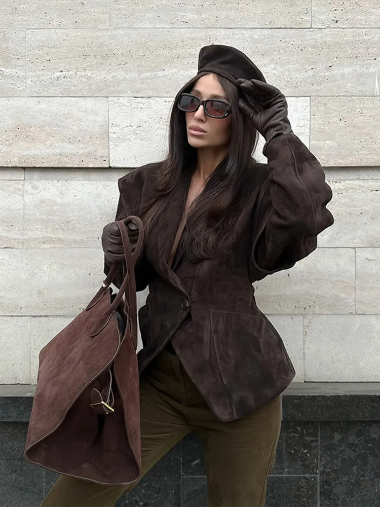 Women Fashion V-neck Lapel Belt Leather Jacket Chic Lace Up High Waist Full Sleeve Overcoat 2025 Lady Autumn High Street Outwear