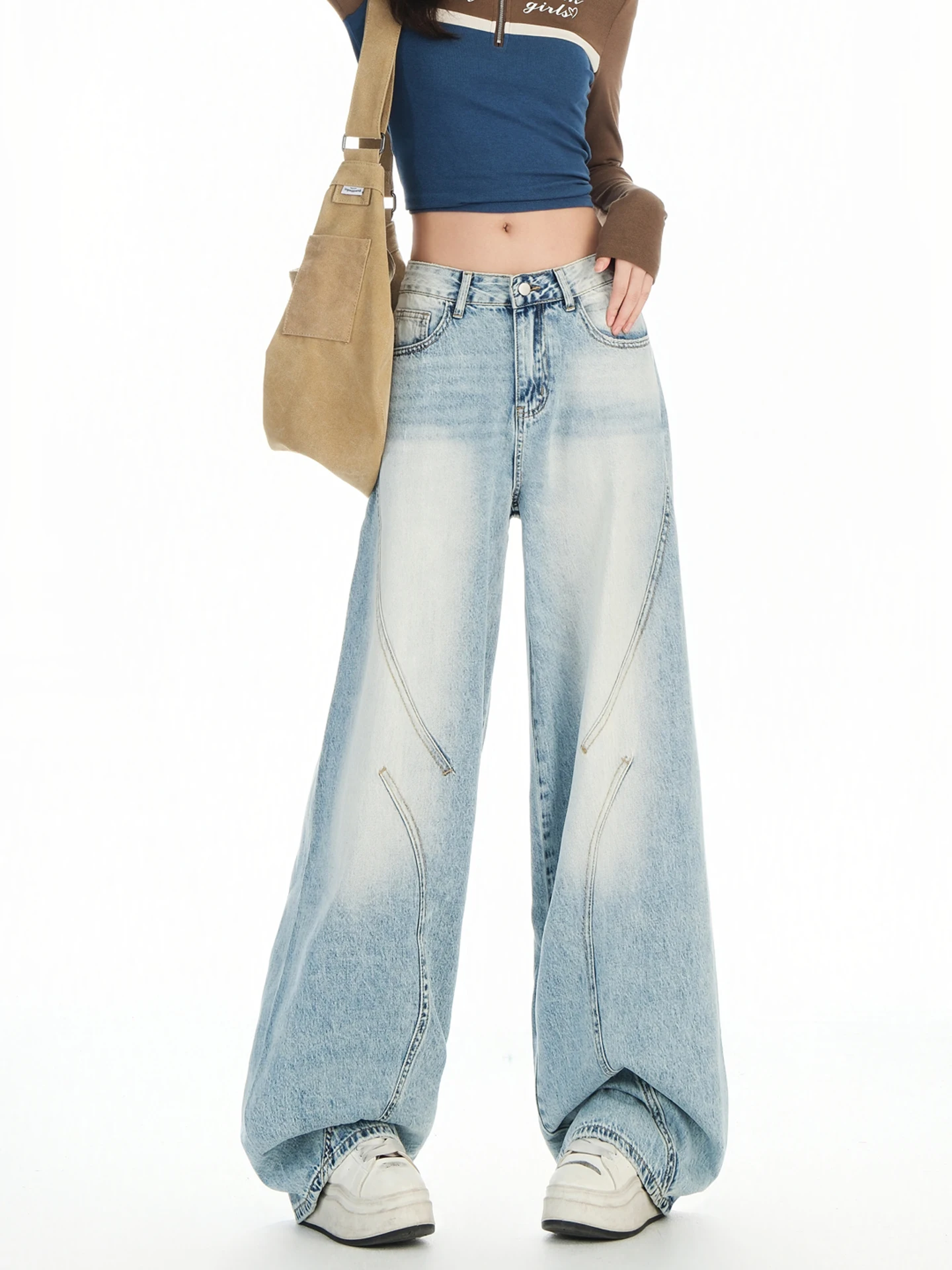 

Американские ретро-джинсы с высокой талией и широкими штанинами для женщин, весна-осень, новинка, длинные брюки-скинни из драпированного комфортного денима