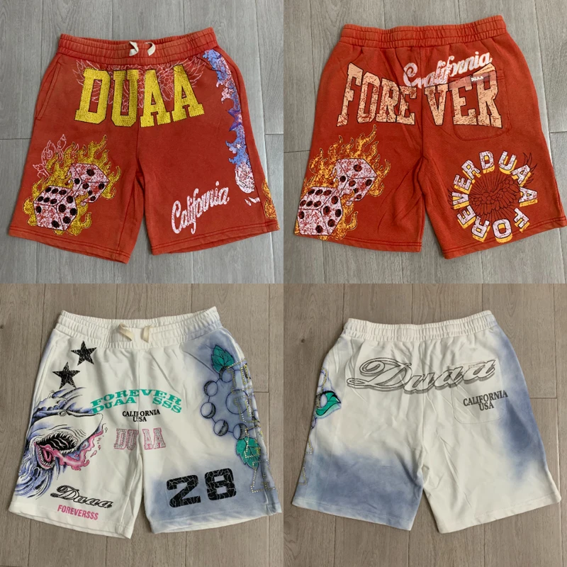 Streetwear Men's DUAA Shorts High-quality Graffiti Printed Rhinestone Retro Sports Duaa Casual Shorts