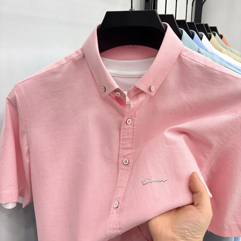 100% cotton fashion brand short sleeve men's shirt high-quality simple letter embossed new luxurious summer business casual top