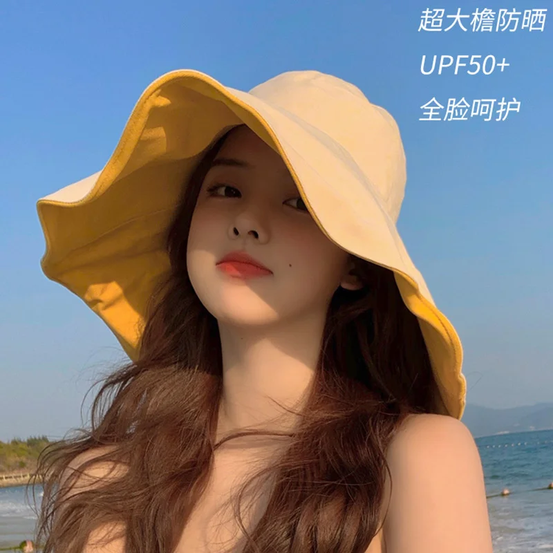 Upf50 + Big Brim Double-sided Fisherman\'s Summer Travel Sun Protection Seaside Uv Sunshade Hat summerย hat boy hat new hot sale