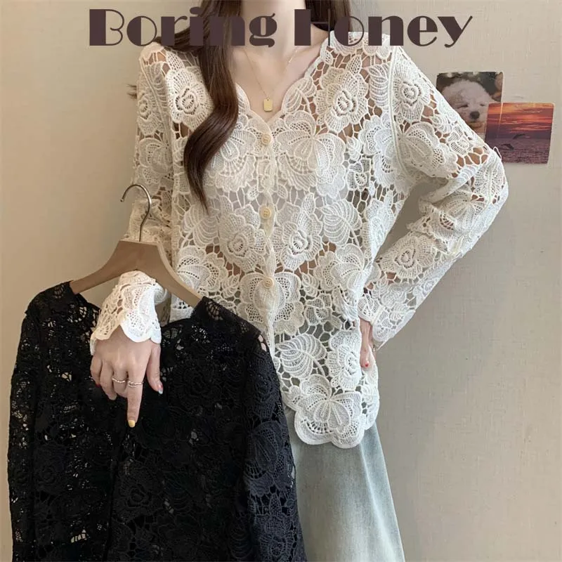 Boring Honey-Camiseta de manga larga con cuello en V para mujer, Top reductor de edad, versátil, elegante, de encaje y ganchillo, talla grande