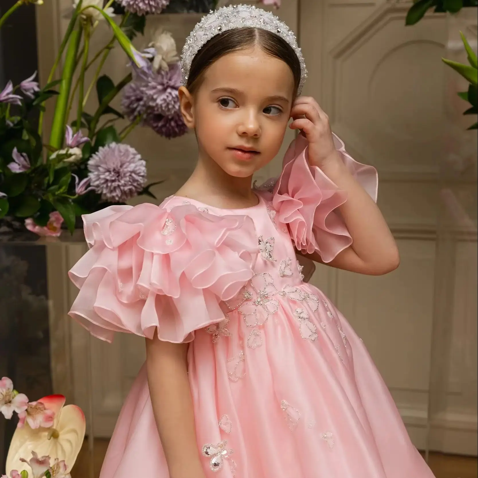 

Elegant Pink Customized Ruffles Flower Girl Dresses For Wedding Ankle Lenght Girl's Birthday Party First Communion Ball Gowns