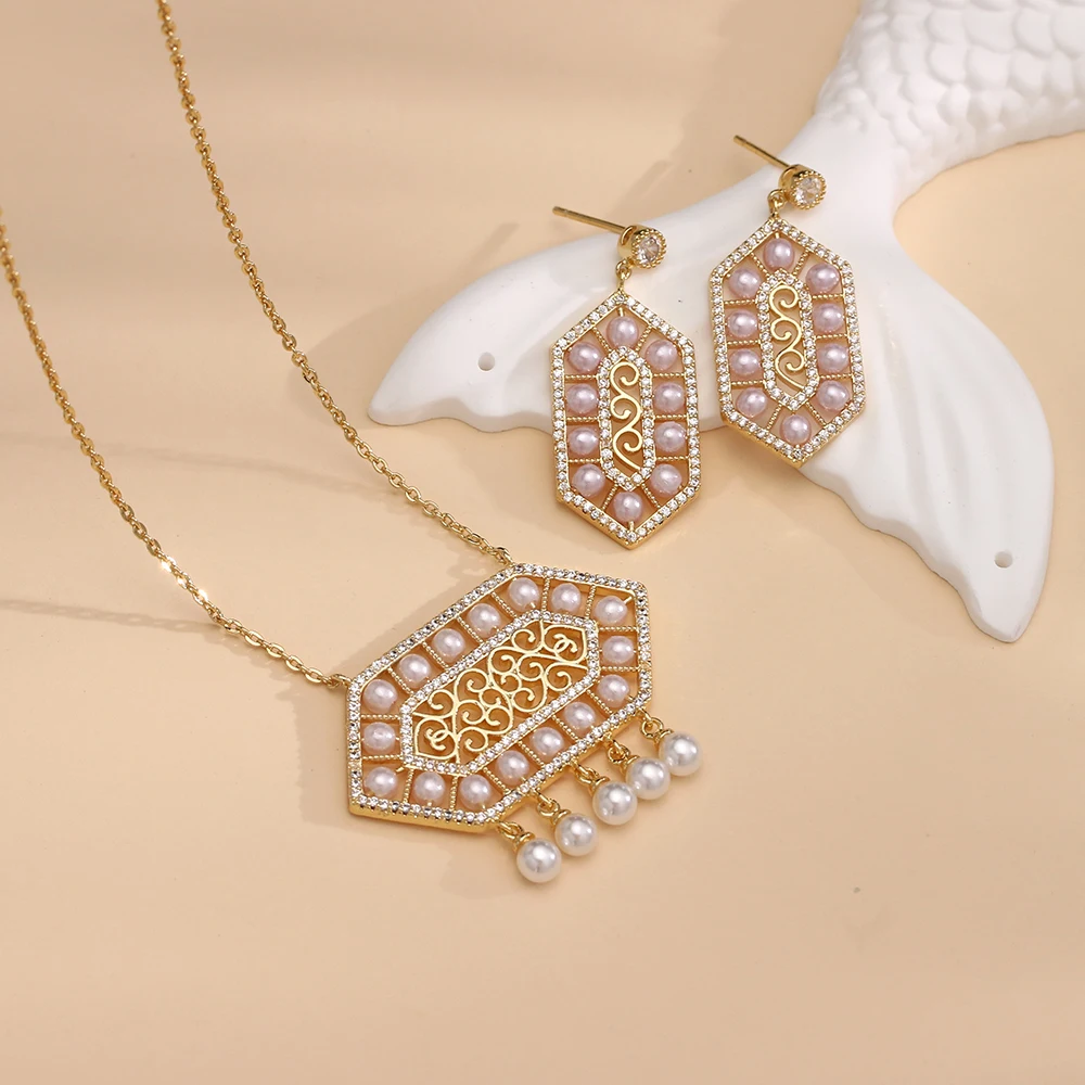 2024 Luxury pearl necklace earrings set for women Dubai Arabian style Geometic Design Bride Wedding Accessories Jewelry Set Gift