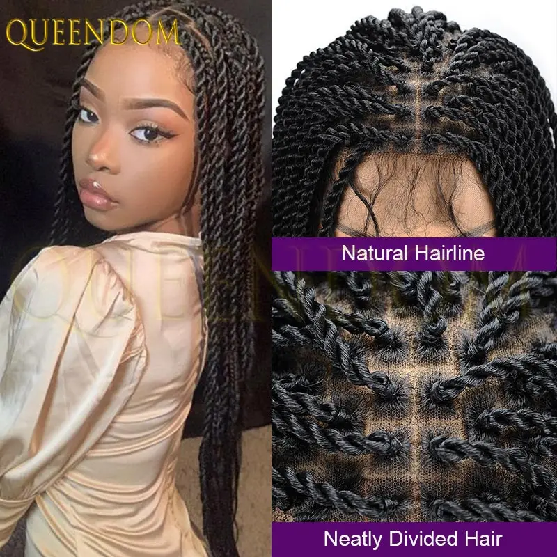 Peluca trenzada de caja torcida senegalesa sintética Borgoña, encaje Frontal completo, rastas de imitación para mujeres negras, peluca de pelo con trenzas de diosa