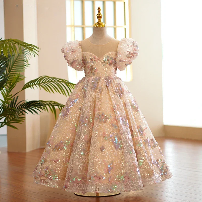 Children Evening Dress for Girls 1-12 Years Kids Birthday Party Fluffy Ball Gown Wedding Prom Formal Lace Vintage dress