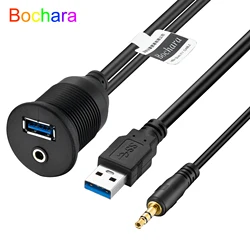 Bochara Flush Mount Panel USB 3.0 USB 2.0+3.5mm Extension Cable Male to Female Dashboard For Car Motorcycle 1m 2m