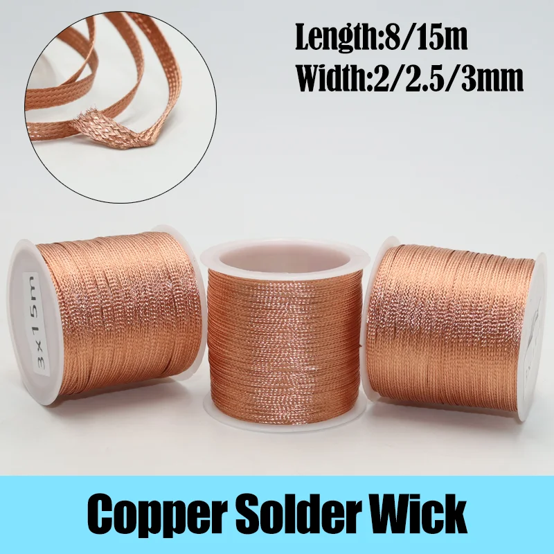 15/8M Copper Wire Desoldering Mesh Braid Solder Remover Wick Wire Welding Tin Lead Cord Flux for Computer PCB BGA Soldering Tool