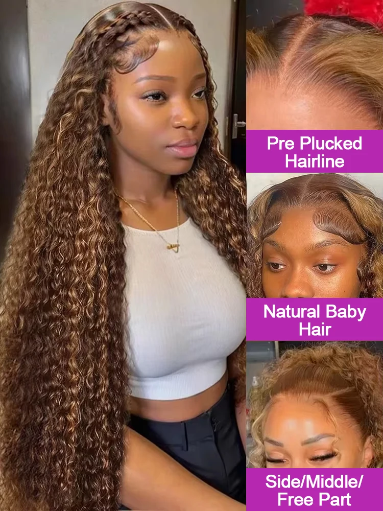 Curly Wig Highlight Ombre 13x6 HD Lace Front Human Hair Wigs Glueless Wigs 13x4 Deep Wave Lace Frontal Wig For Women Wear And Go