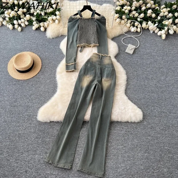 American Retro Two Piece Set Women Patchwork Off Shoulder Strap Denim Top + High Waist All Match Jeans Office Lady Ropa Mujer