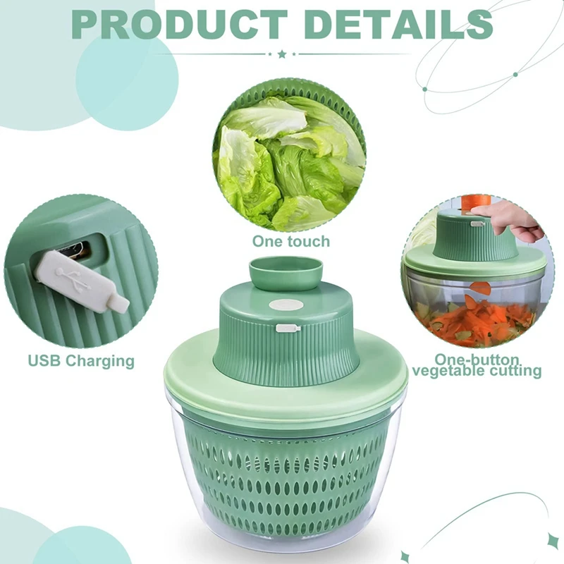 

Electric Vegetable Drainer, 2 In 1 Salad Spinner And Chopper, Multifunctional Vegetable Washer Sieve Cordless Salad