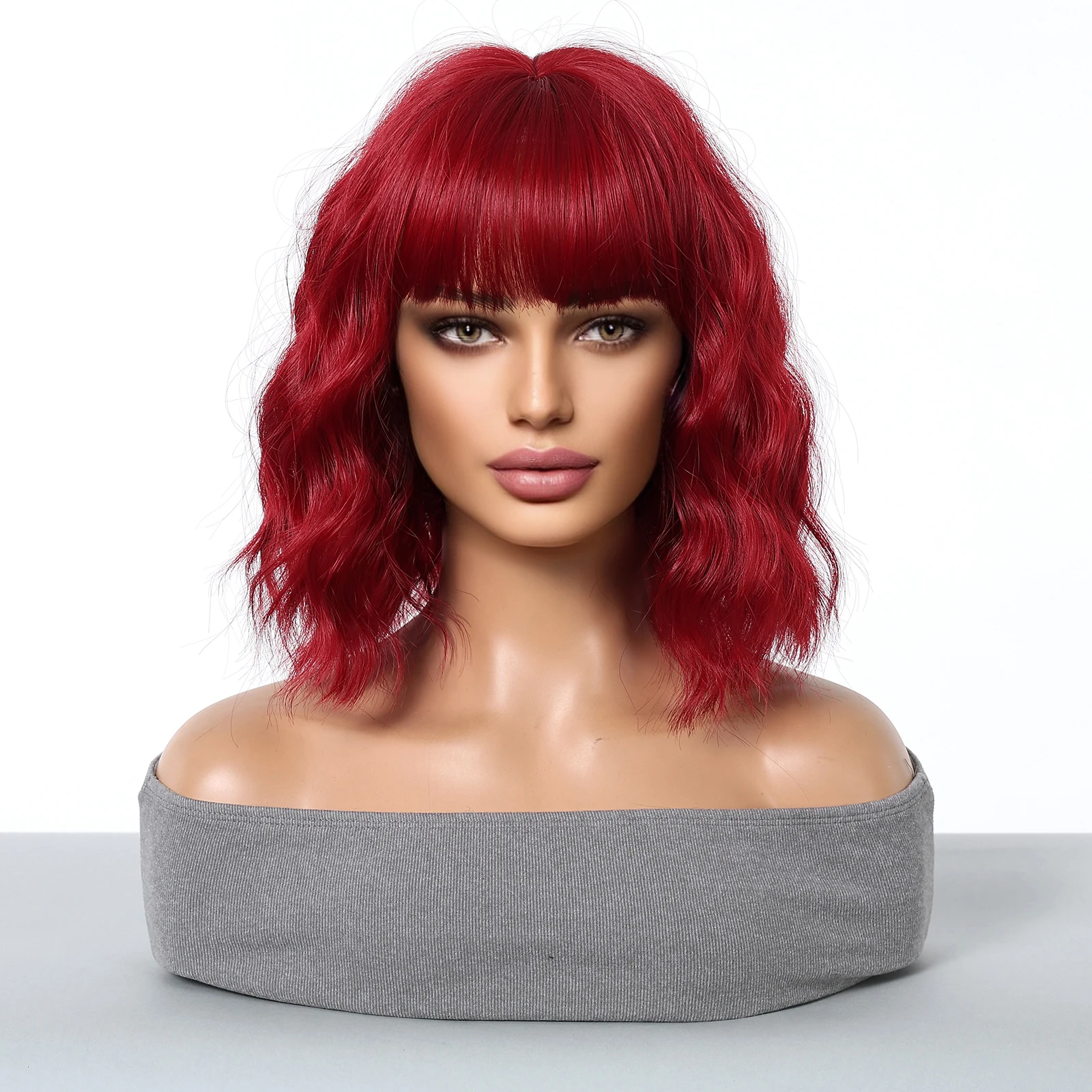 هالوين قصيرة مجعد متموجة بورجوندي النبيذ الأحمر شعر مستعار اصطناعي لوليتا شعر مستعار مع الانفجارات للنساء تأثيري الطرف استخدام مقاومة للحرارة #3