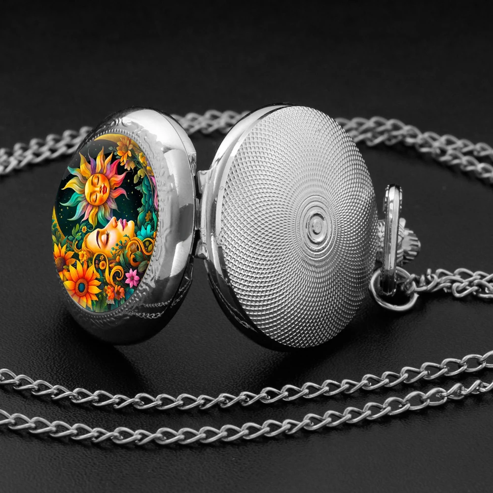 Personalised Silver Stainless Steel Flower Sun and Moon Glass Dome Quartz Pocket Watch Necklace Women Jewelry Pendant Chain