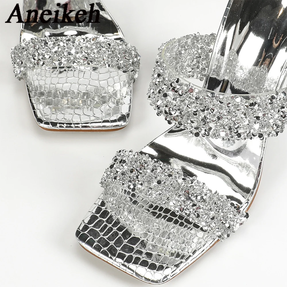 Aneikeh Silver Sequin rhinestone PVC Slippers For Women Square Toe Fretwork Heels High Heels Sandals Summer Fashion Party Shoes