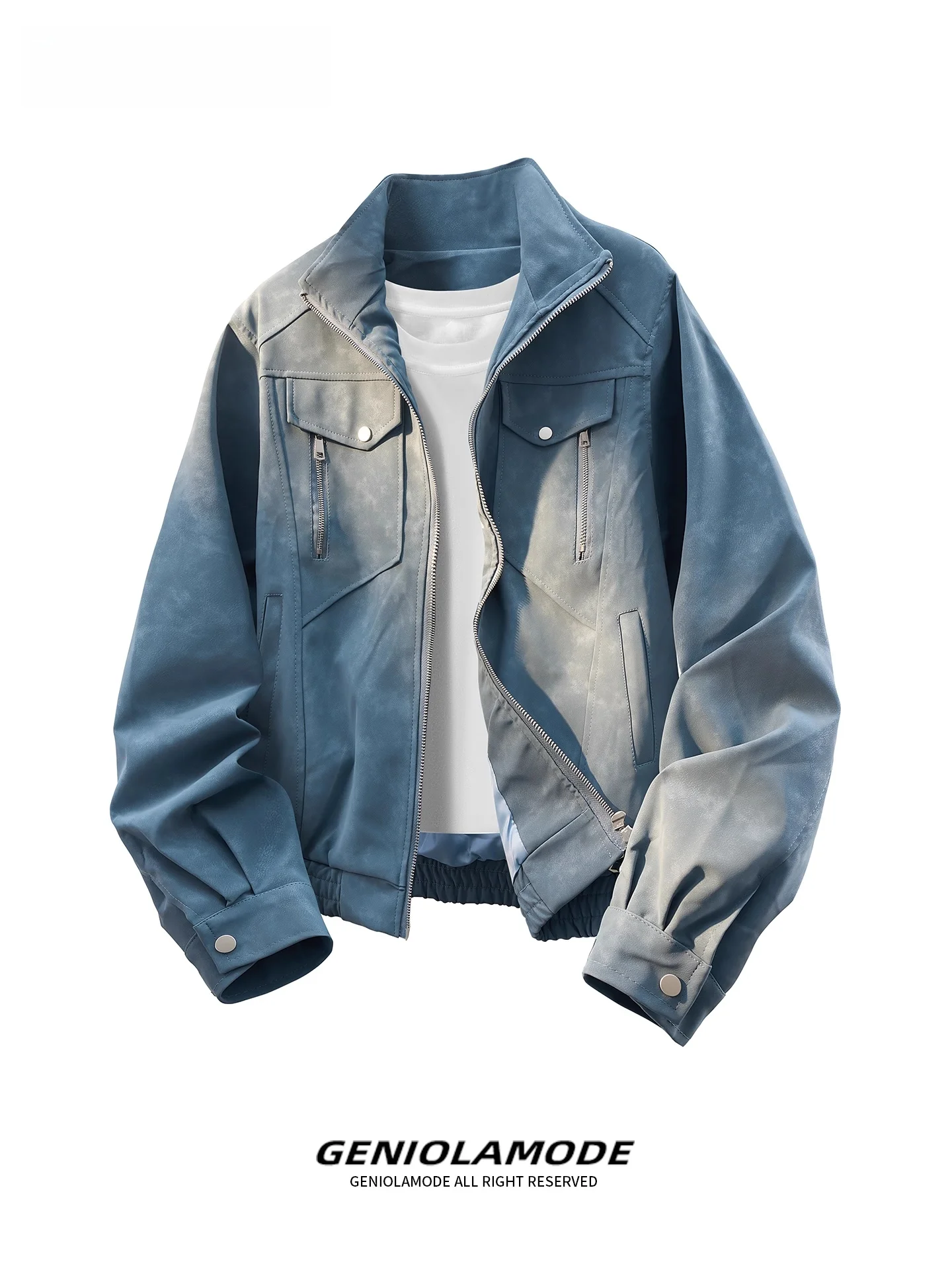 

Синее мотоциклетное мужское пальто из искусственной кожи High Street, осень-зима, верхняя одежда для пары в американском стиле Genio Lamode