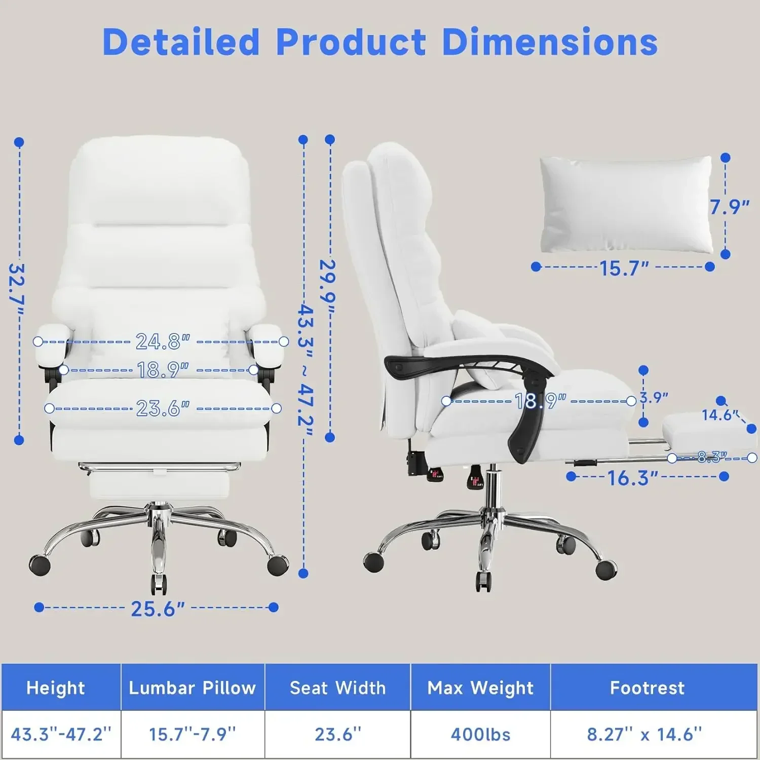 Office Chair, Big and Tall Office Desk Chair, Ergonomic Chair, Executive Office Chair Lumbar Pillow, Home (White)