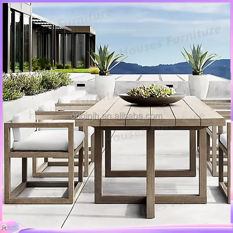Teak Wood Dining Table and Chair Set Outdoor Garden Patio Furniture Simple Design Courtyard Wooden Dining Set for Backyard