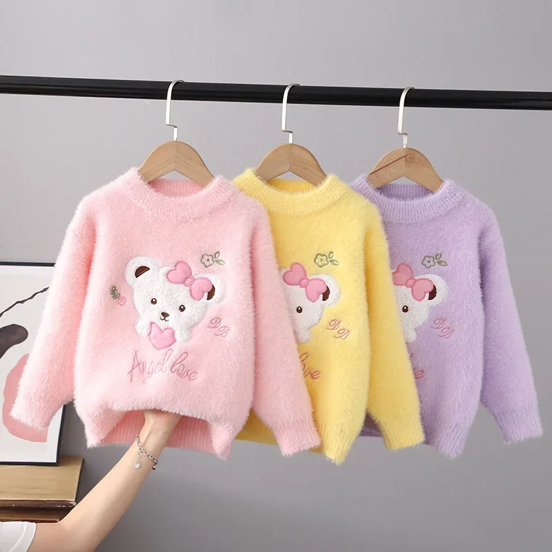 

Autumn Winter Girls Sweater Keep Warm Little Girl Cotton Clothing Cartoon Bear Flocking Pullover Knitting Sweaters Kids GY07261