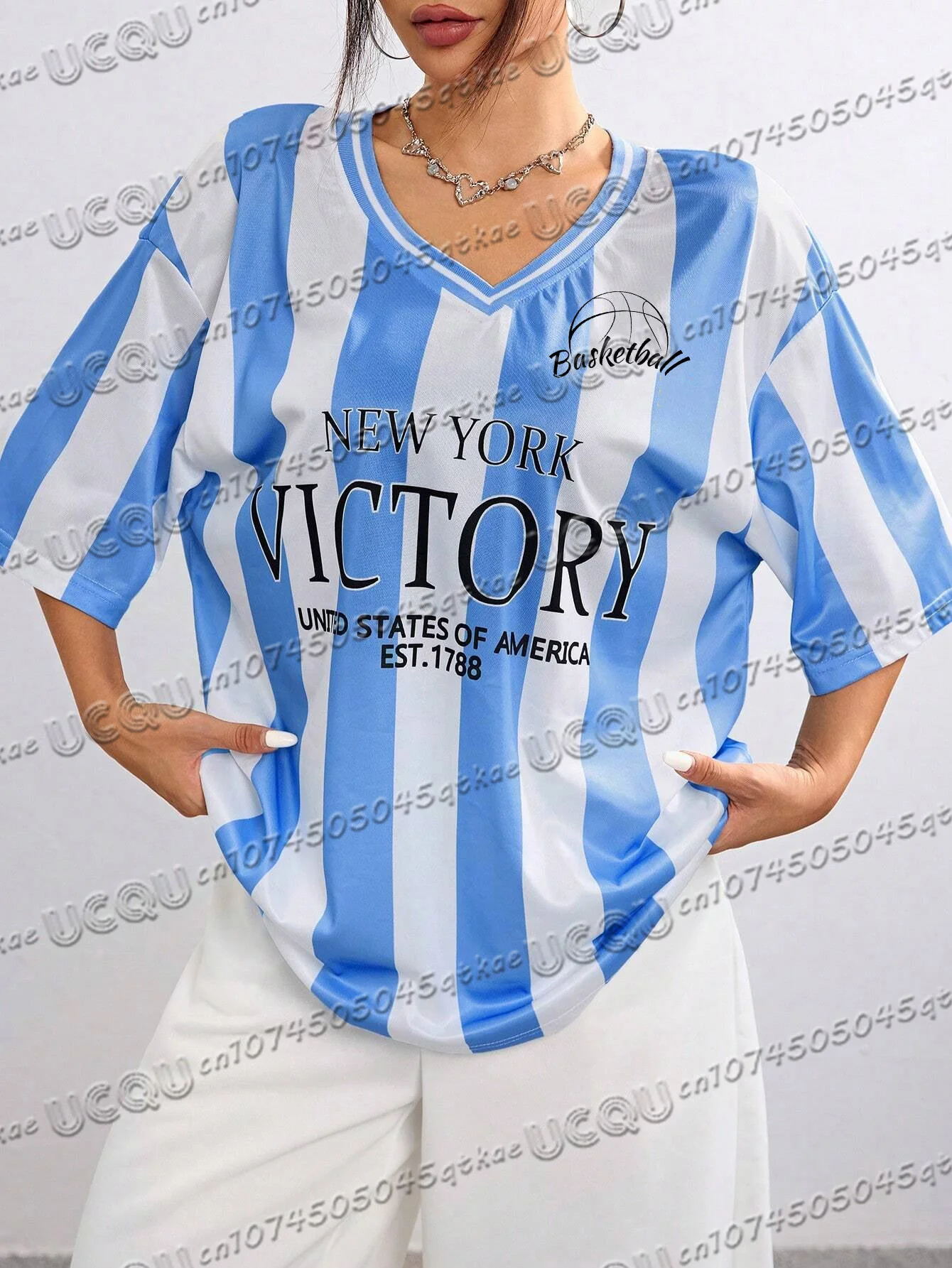 

Женская летняя футболка из джерси в сине-белую полоску с баскетбольным принтом и v-образным вырезом, свободная спортивная футболка большого размера, женский повседневный топ