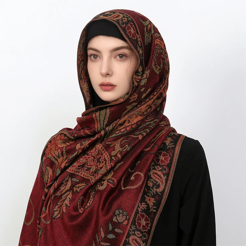 2025 Boheemse Etnische Stijl Moslim Hijab Vrouwen Paisley Jacquard Sjaal Dikke Kasjmier Kwastje Sjaal Halsdoek Hals Wrap Pashmina