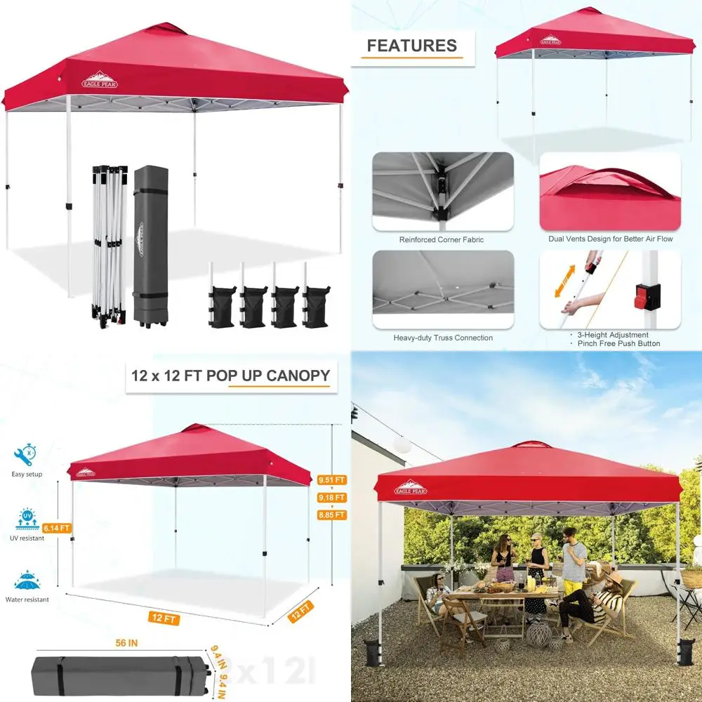 

Всплывающая палатка с навесом и сумкой на колесиках, 8 кольев, 4 веревки, 4 груза, простая установка, 12x12 футов, 144 квадратных фута, прочный уличный ш