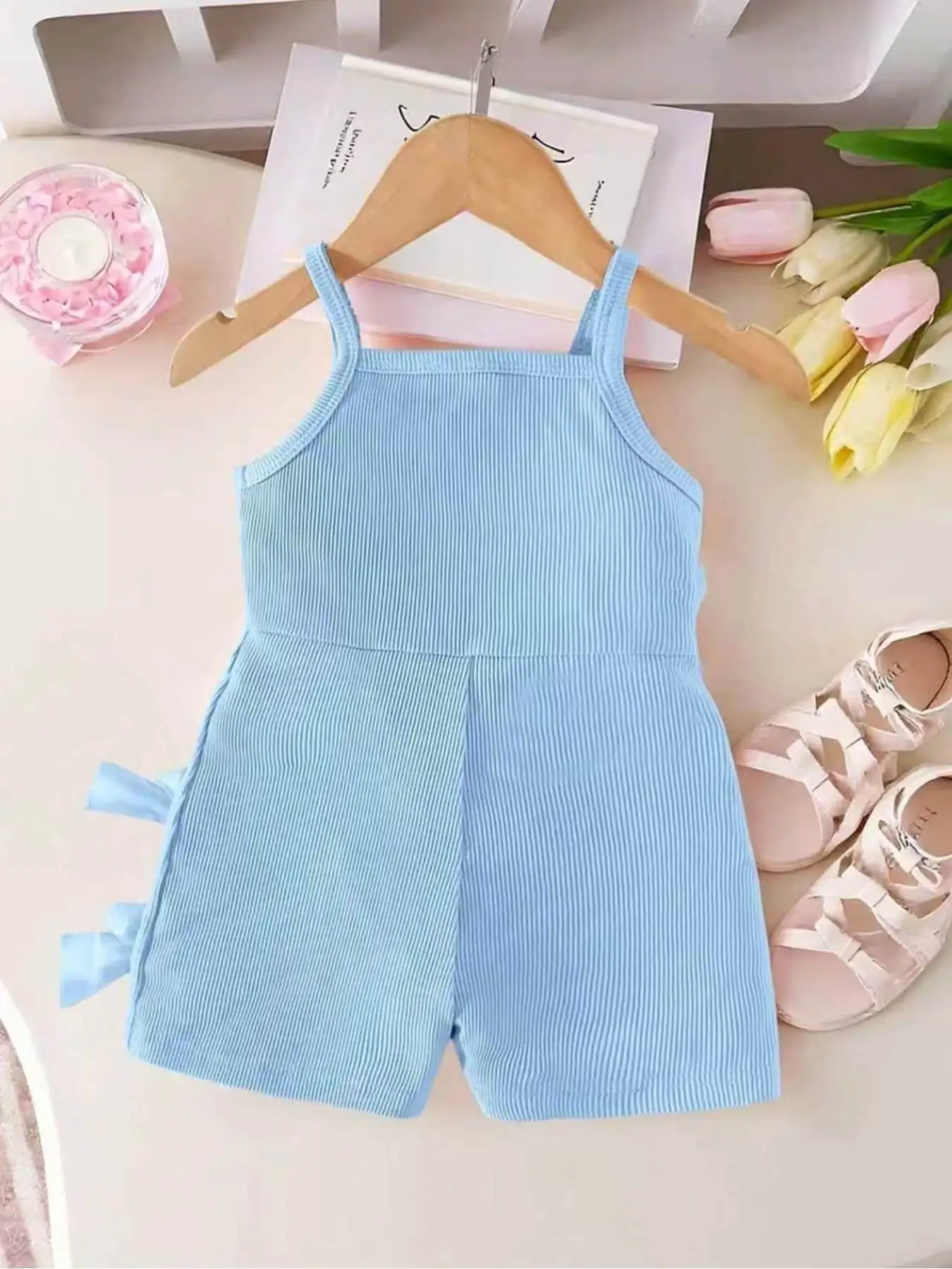 Children's Square Neck Sleeveless Jumpsuit Casual Elegant Comfortable Solid Color Suspender Bow Shorts One-Piece Suit for Kids